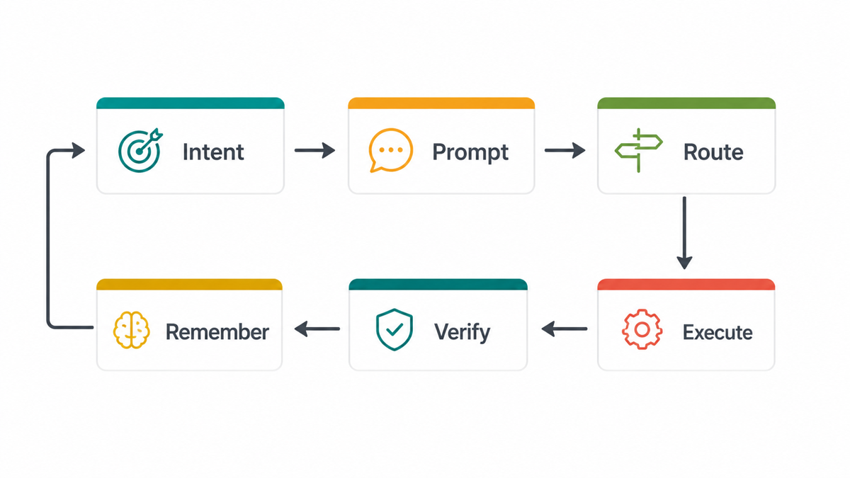 A six-step accountable AI workflow loop: Intent to Prompt to Route to Execute to Verify to Remember.