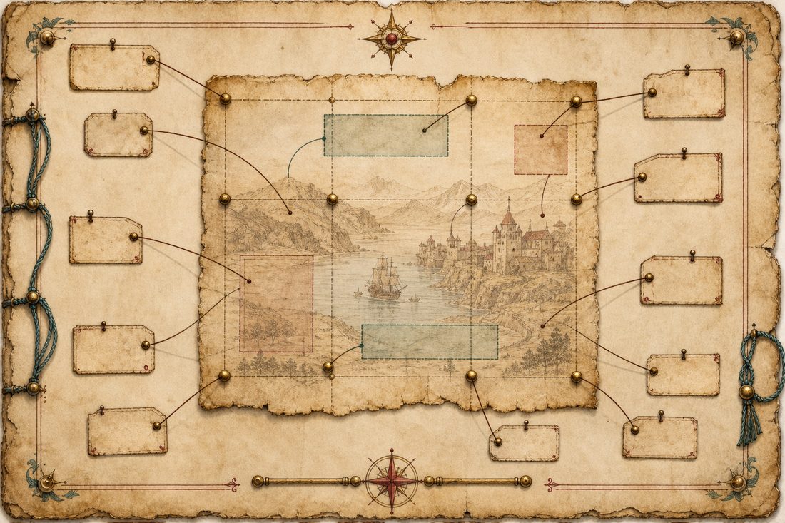 Ancient notebook style diagram with anchor pins, grid regions, and placement boxes.