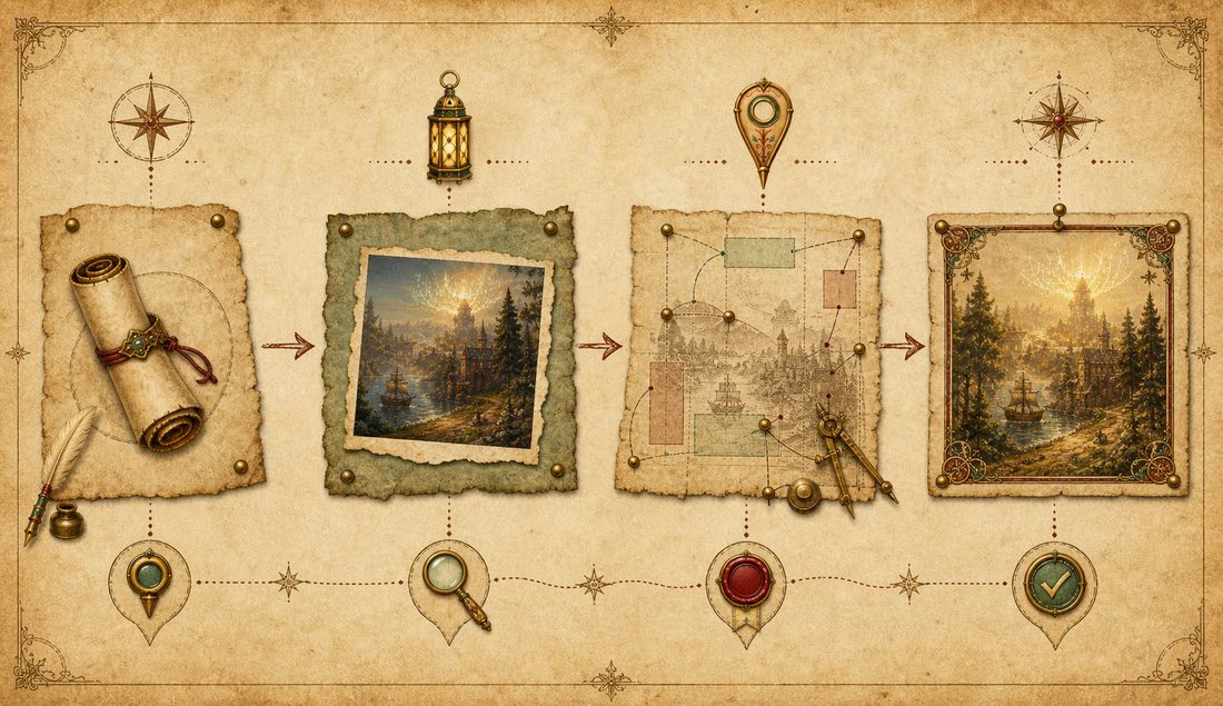 Ancient manuscript workflow diagram showing generated asset, anchor mapping, QA, and final page stages.
